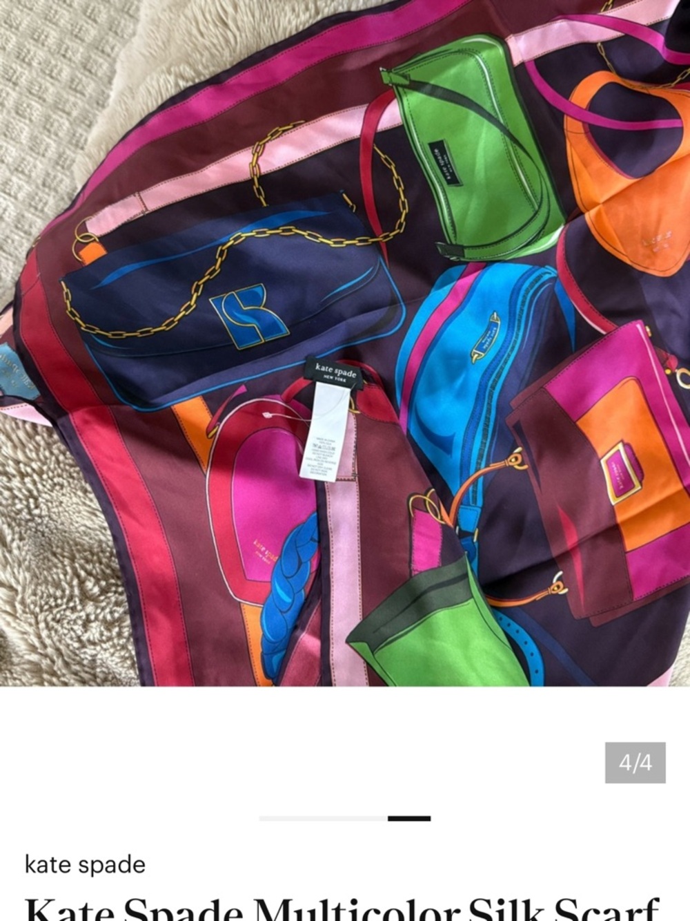 kate spade Silk Scarf in Pink, Blue, Orange and Plum Tote Print - Picture 4 of 5
